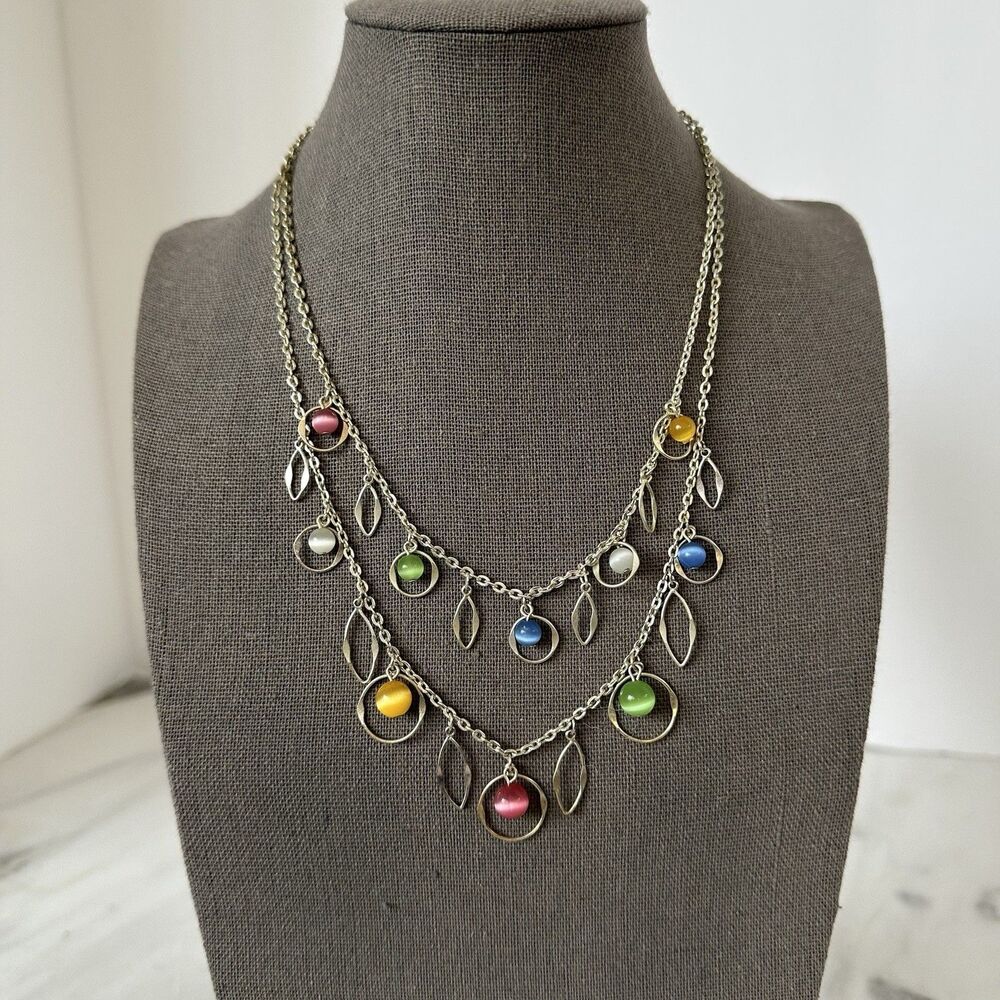 Premier Designs Chelsea Necklace Retired Double Strand Silver Cats Eye Leaf Bib